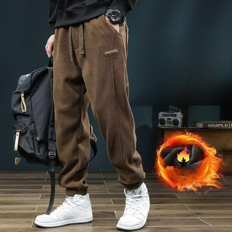 Korean Style Men's Autumn Winter Fleece Lined Loose Plus Size Casual Pants Youth Fashion Comfortable Cuffed Sweatpants