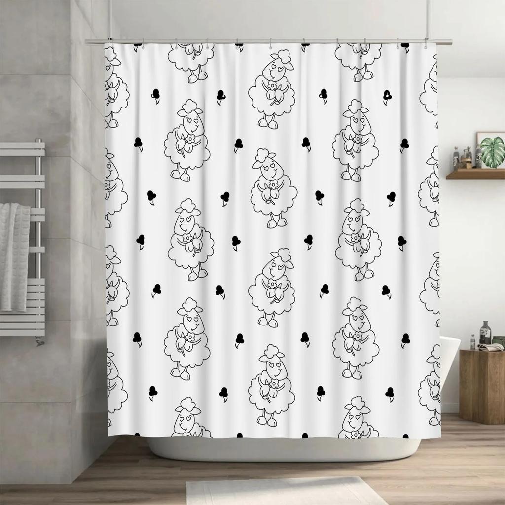 Black White Sheep Print Shower Curtain Waterproof Decorative Bath Room Decoration For Children'S Bathroom