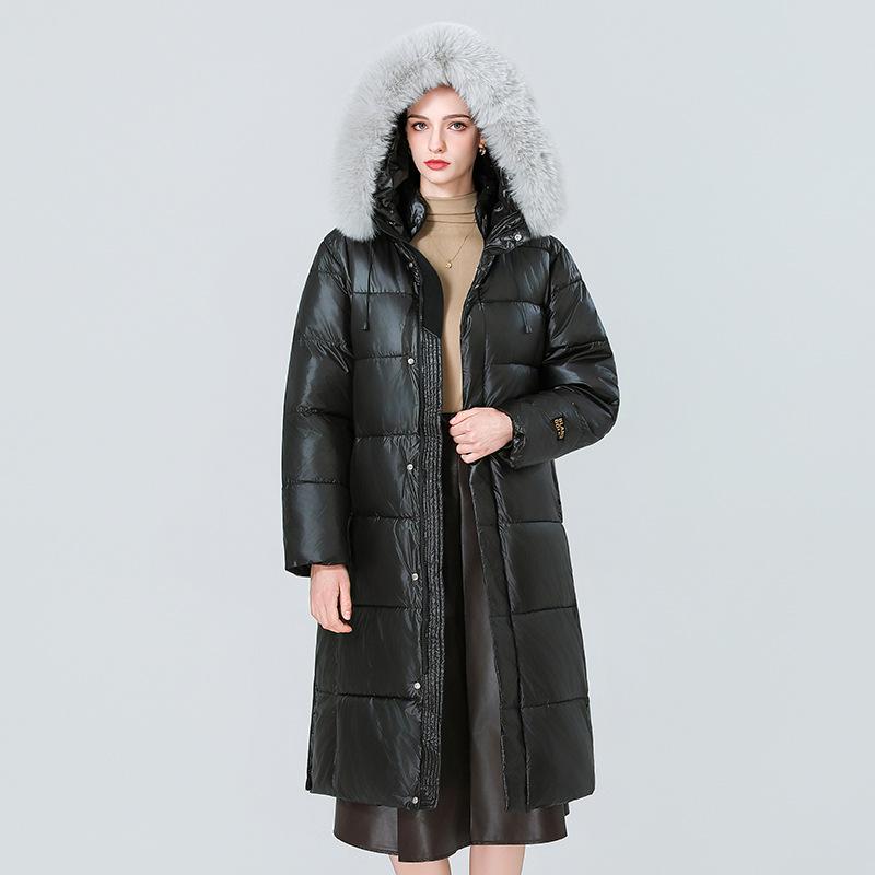 Knee-length leave-in glossy cotton-padded clothes for women's large fur-collared cotton-padded clothes, horizontal strips, pressing lines, plush and f