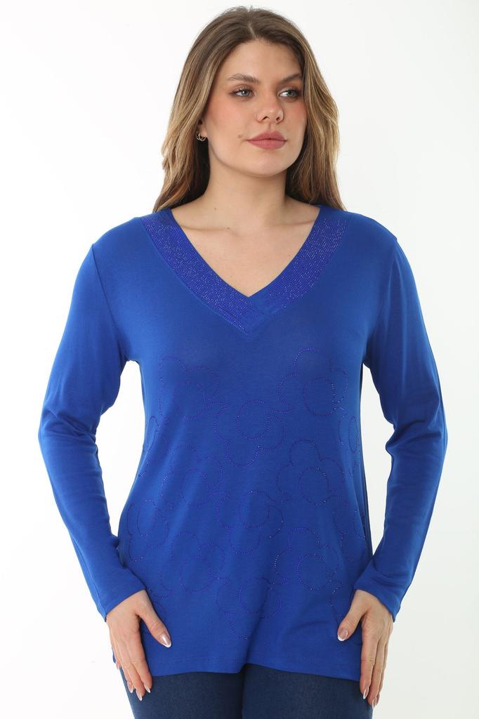 Damen Übergröße Bluse Plus Size Grün V-Ausschnitt Steinbesetzt Langarmbluse