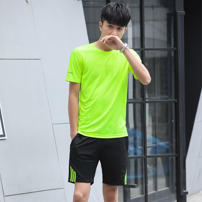 

Летний спортивный костюм из хлопка с короткими рукавами, шорты для бега на открытом воздухе, быстросохнущие 8XL флуоресцентный зеленый