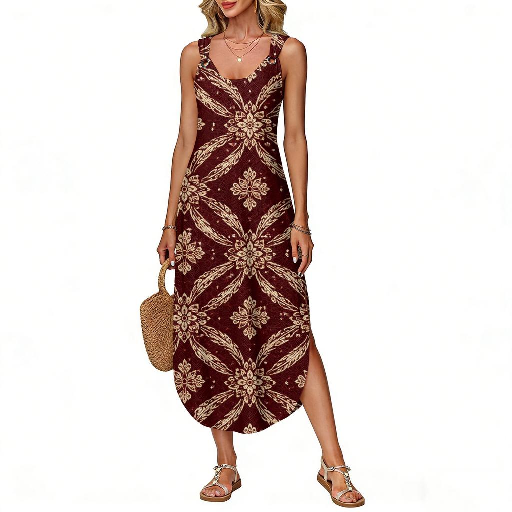 Women's Summer Long Dress, Sleeveless With Side Slits, Long Retro Printed Camisole Dress