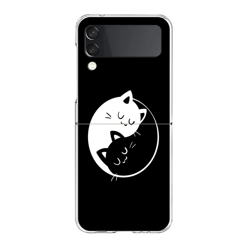 Phone Cover For Samsung Galaxy Z Flip 6 5 4 Case Transparent For Samsung Z Flip 3 Hard PC Foldable Bags Cartoon Black Cat Couple