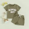 Baby Boy 2 Piece Waffle Outfits, Round Neck Short Sleeve Letter Embroidery Tops + Elastic Waist Shorts Toddler Mother's Boy Set