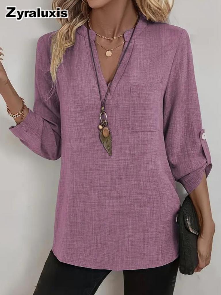 Spring/Summer Imported New Style Women's Shirt Casual Loose Oversized V-Neck Solid Color Blouse