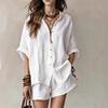 1116 New Summer Solid Color Women's Loose Breasted Shirt Shorts Fashion Casual Suit Large Size Shirt Suit