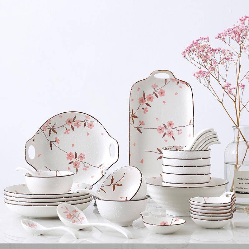 Chinese Underglaze Floral Ceramic Tableware: Rice & Soup Bowls, Plates