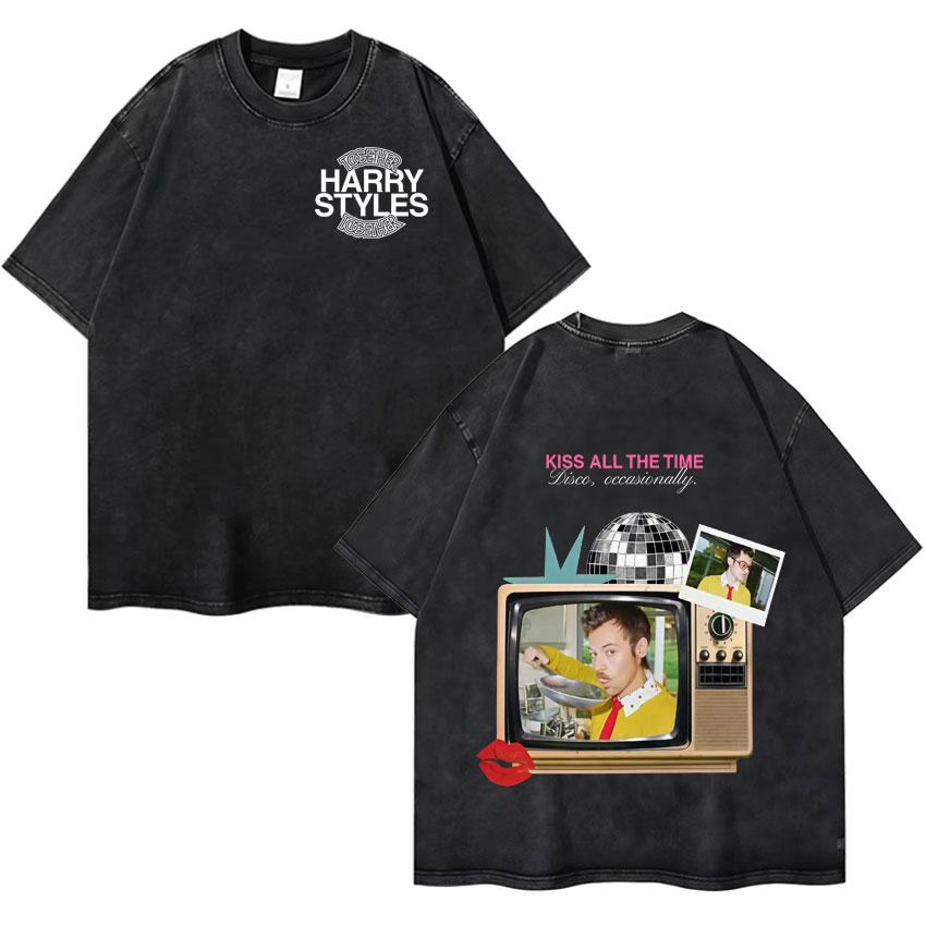 Harry Styles Küsst Immer Disco Gelegentlich Tour Hochwertig Vintage Gewaschen Rundhals T-Shirt Fan Geschenk Unisex Baumwoll-T-Shirt