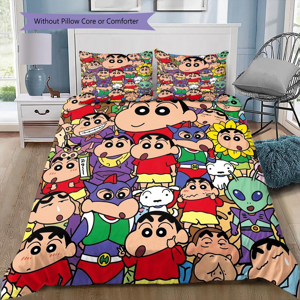 Crayon Shinchan Muster Bettwäsche Bettdecke Set Bettbezug Kissenbezug Zuhause Geburtstagsgeschenk(1 Bettbezug + 2 Kissenbezüge, ohne Füllung)