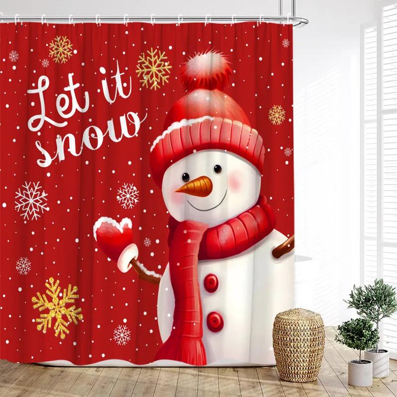 GAEFunny Red Santa Claus Shower Curtain Gold Xmas Balls Gifts White Snowflakes Winter Christmas Bath Curtains Home Bathroom De