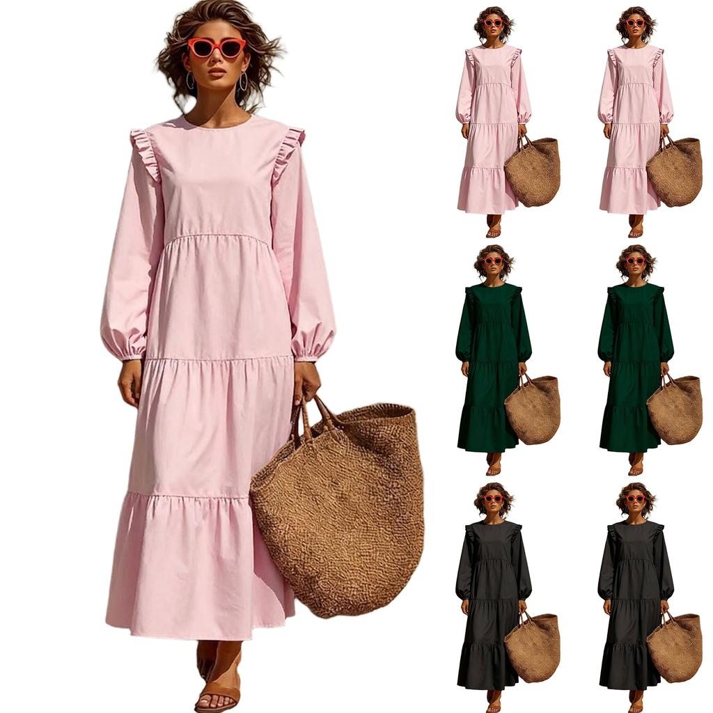 Women's Casual Long Sleeve Round Neck Loose Fit Color Dress for Everyday Wear