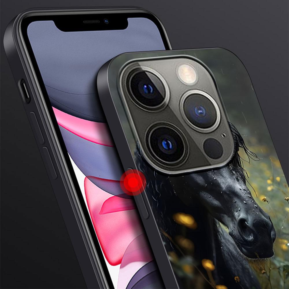 Horse Case for Apple iPhone 14 11 7 SE 2020 8 X XS 13 12 Mini XR 15 Pro Max Silicone Black Soft Phone Cover