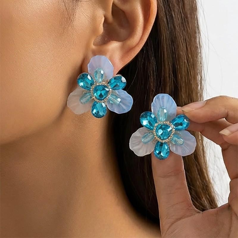 2026 Floral Earrings Women Handwoven Multi-Layer Petal Design With Full Rhinestone Accents Sterling Post