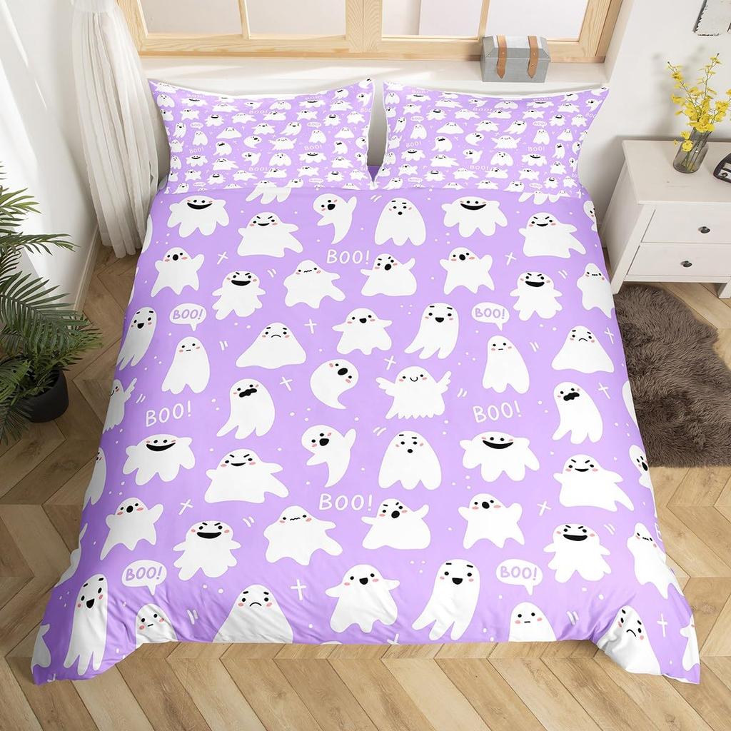 Cute Ghost Duvet Cover Halloween Theme Yellow Bedding Set Pumpkin Lantern Floral Ghosts Comforter Cover Polyester Quilt Cover