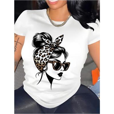 Europese Maat Dames Wit T-shirt - Elegante Vrouwengezicht Grafisch T-shirt met Zwart & Wit Luipaardprint, Zacht Dagelijks Casual Top