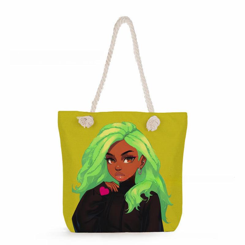 Multifunctional Fairy Tale Style Printed Thick Rope Shoulder Beach Bag Casual Large Capacity Handbag 0106 CLE