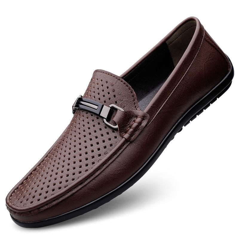 Men's Shoes New Large Size 46 One Pedal 45 Punching Hollow Leather Doudou Shoes Men's Soft Bottom Hole Casual Leather Shoes