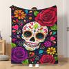 Fflannel Blanket 1pc Skull with Colorful Flowers Soft Comfortable and Warm This Nap Blanket/sofa Blanket Is Suitable for All Seaso
