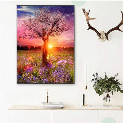 5D DIY Diamond Painting Pink Sunset and Big Trees Cross Stitch Kit Mosaic Diamond Embroidery Rose Full Round/Square Drill Home Decoration