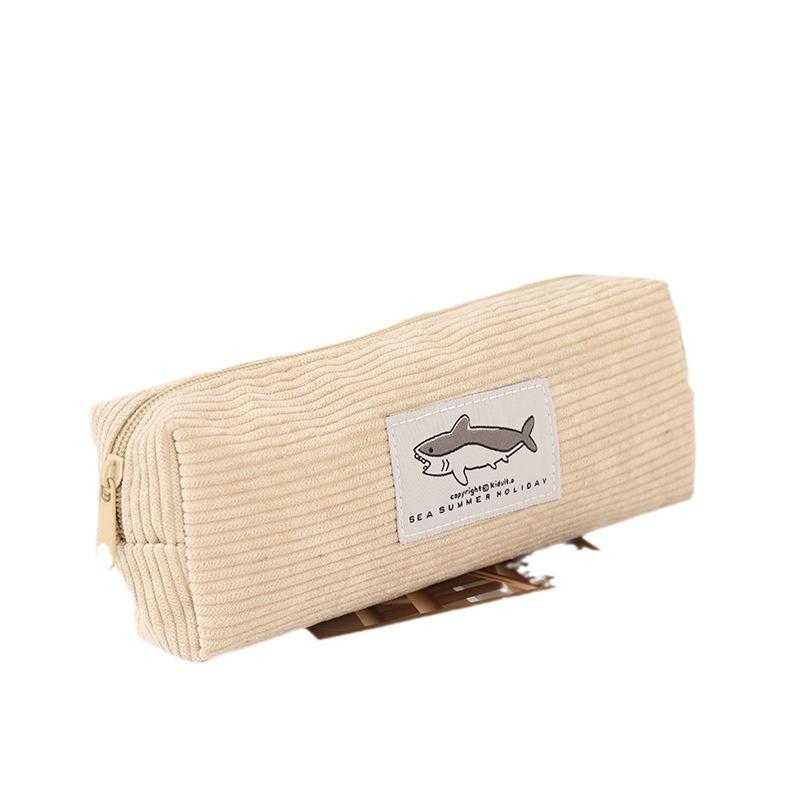 Stylish Shark Corduroy Pencil Case, Unisex Korean Design, Stain-Resistant, Large Capacity