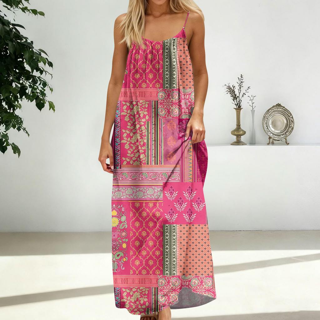 Damenmode Rückenfreies Spaghettiträger Lässiges Lockeres Vintage-Print-Kleid