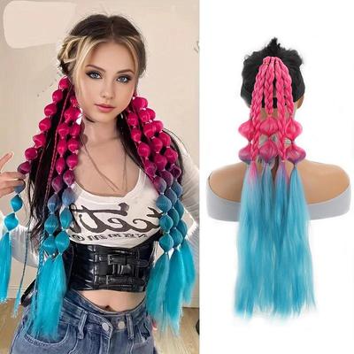 Een paardenstaartpruik met gekleurde bubble braids en een synthetische vezel paardenstaart die hittebestendig is voor vrouwen Makkelijk te dragen voor feesten en bijeenkomsten