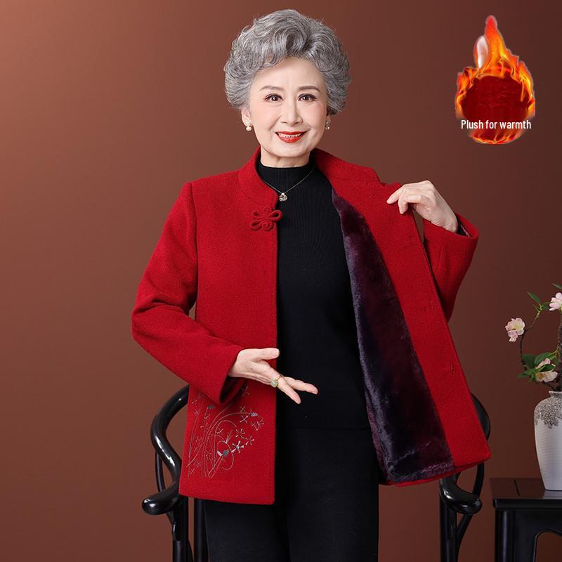 Wool Coat with Fleece Lining and Thickened Tang Suit for Elderly Women