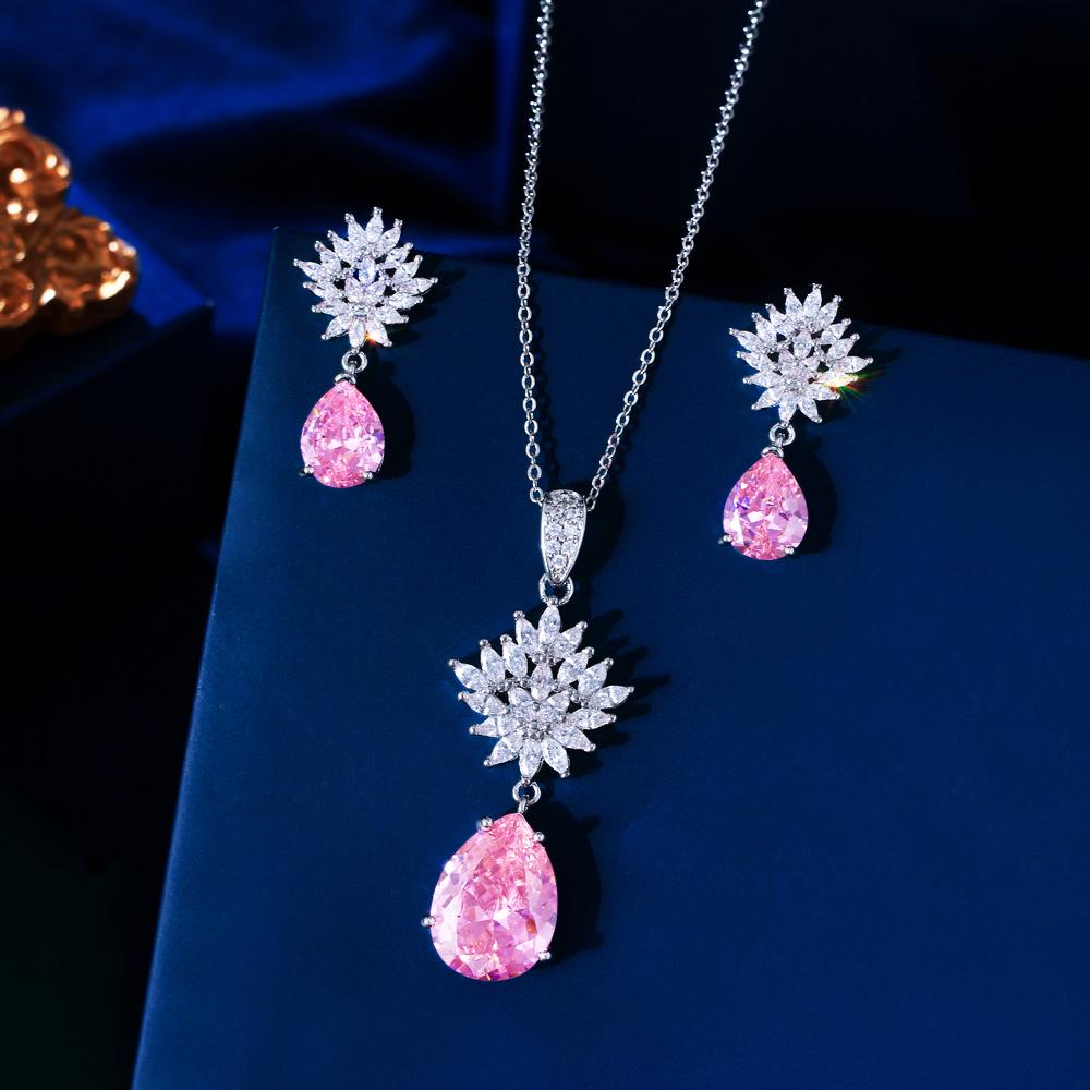 Wunderschönes Schmuckset mit Halskette und Ohrringen aus Zirkonia im Birnenschliff, Verlobungs-Schmuckset mit rosa Anhänger für Damen, Tägliche Wear Accessoires