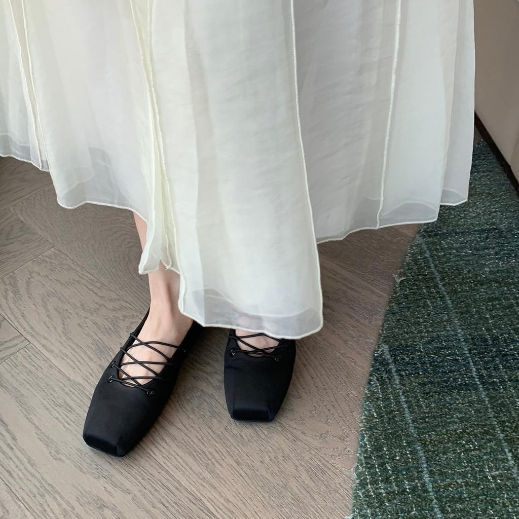 French Niche Design Cross-strap Ballet Shoes Women's 2025 New Satin Square Head Flat Mary Jane Shoes