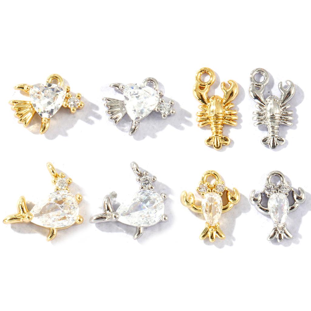 2 Pcs Ocean Jewelry Charms Goldfish Whale Lobster Clear Cubic Zirconia Brass Pendants For Diy Necklace Bracelet Making Findings