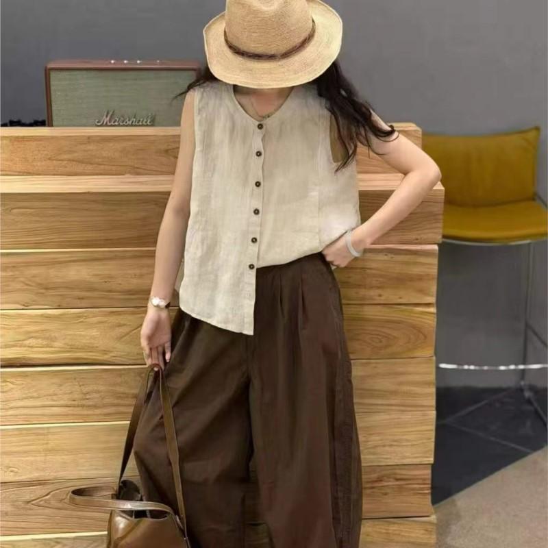 Johnature Retro Artistic Sleeveless Shirt For Women Summer Loose Casual Versatile Tops For Women