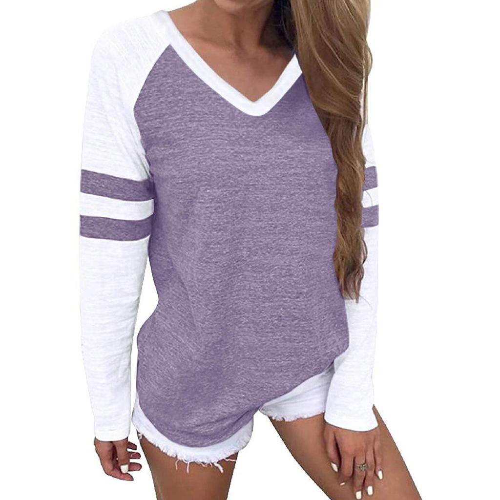 Fashion Women's V-collar Splicing Long Sleeves Leisure Time Tops Blouses