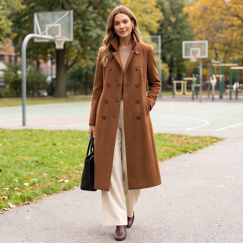 Women's Mid-Length Double-Breasted Color Wool Overcoat for Fall and Winter