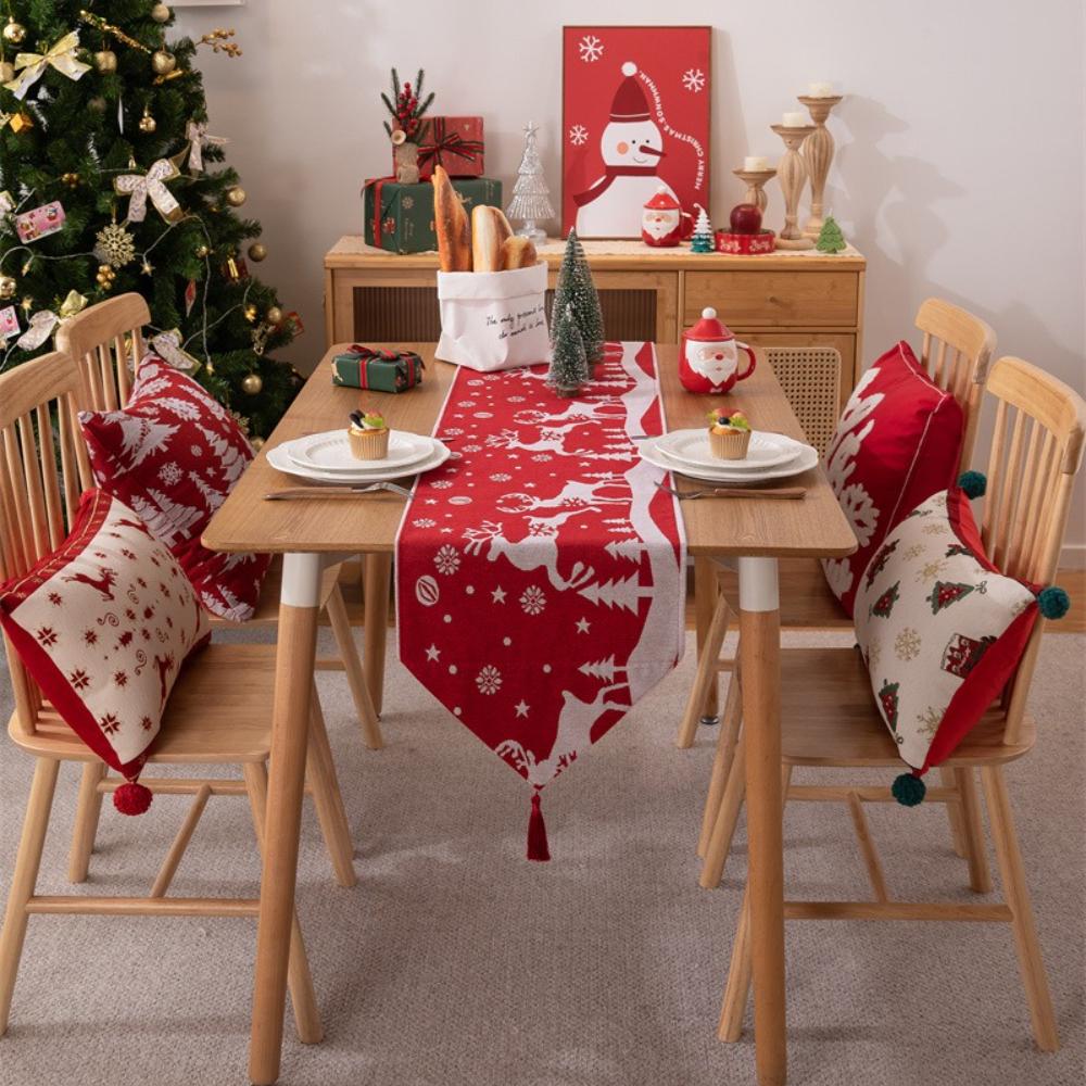 Christmas Table Runner Red Holiday Table Decor Reindeer Snowflakes Pine Trees Festive Dining Room Decoration for Christmas Party