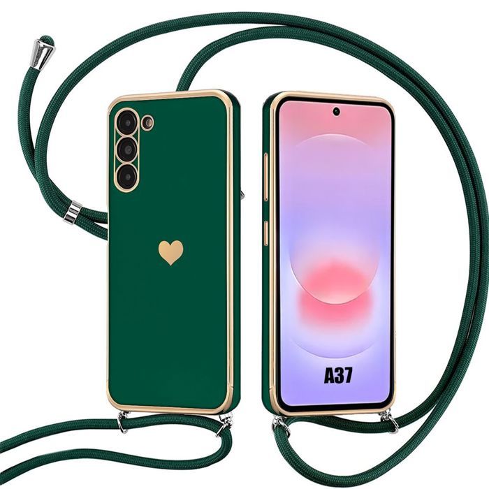 Lanyard Case - BOOLING - for Samsung Galaxy A37 5G - Shockproof Silicone Heart Pattern - Night Green