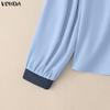 VONDA Women Casual Lace-up Neck Long Sleeve Stitching Solid Color Loose Blouse
