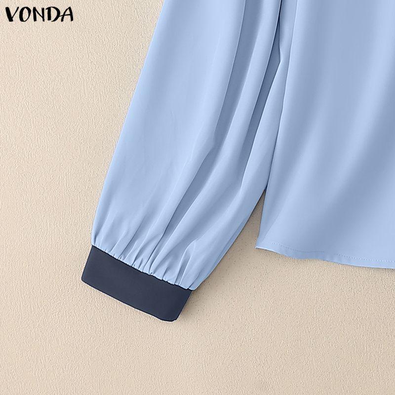 VONDA Women Casual Lace-up Neck Long Sleeve Stitching Solid Color Loose Blouse
