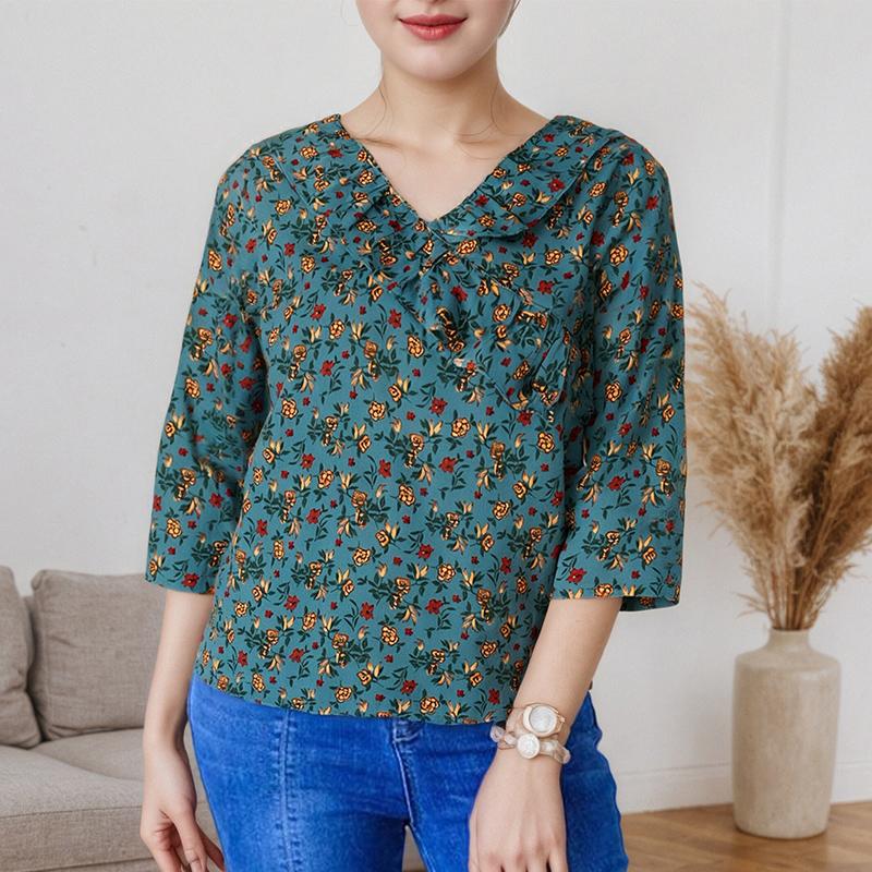 ZANZEA Women Casual V-Neck 3/4 Sleeve Loose Floral Print Blouse