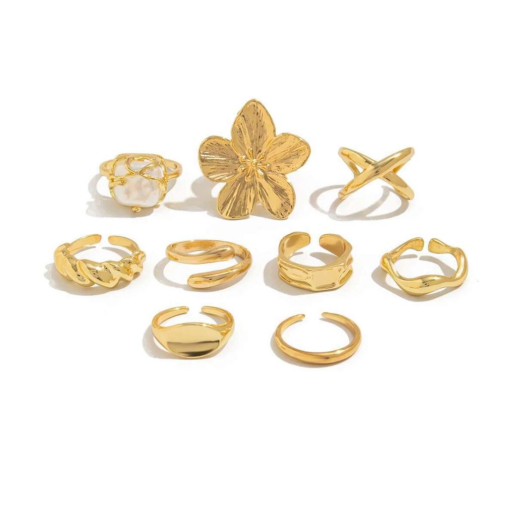 Ingemark 9Pcs/Set Vintage Elegant Imitation Pearl Flower Rings Women Creative Irregular Open Finger Ring Wedding Banquet Jewelry