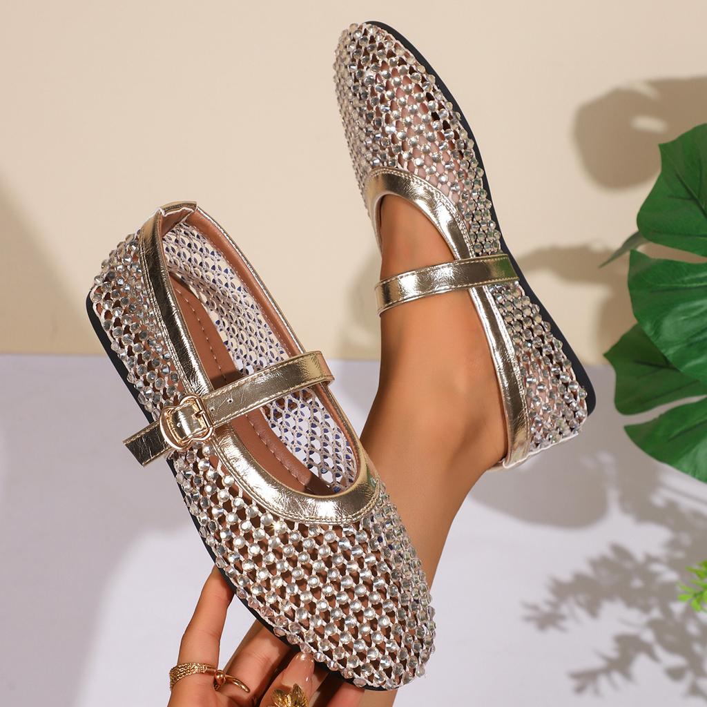 Fashion Women Sandals Designer Mesh Mary Jane Shoes Ladies Luxury Crystal Rhinestone Fishnet Flat Shoes Women 2025 New Plus Size Loafers