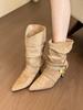 Temperament Skinny Pointed Heel Belt Buckle Pleated Pile Boots Retro Short Boots Women's Versatile Fashion Exterior Fashion Boots
