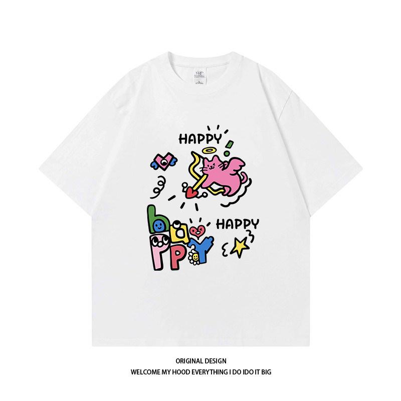 Pure Cotton Cartoon Angel Kitten Printed ShortSleeved TShirt Loose And Versatile Casual Couples Same Style Top
