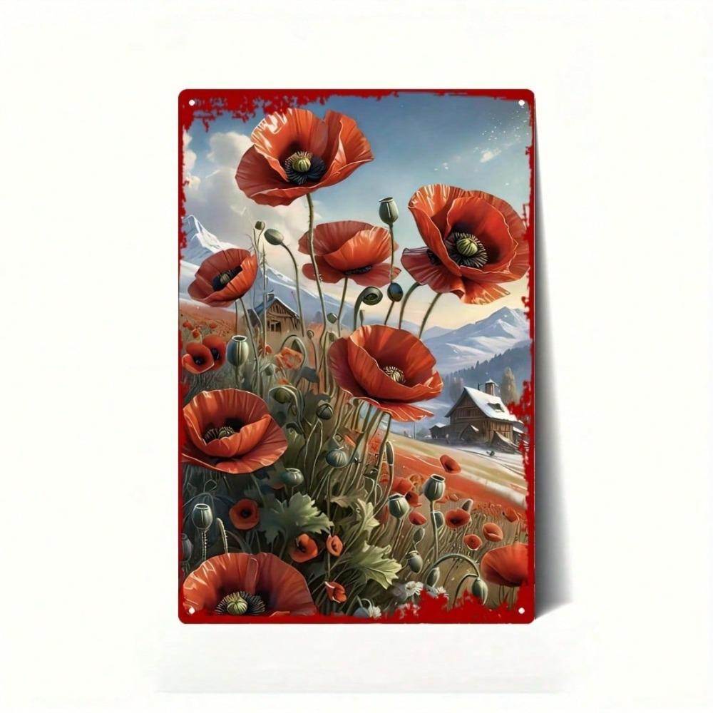 1pc Vintage Heart Metal Wall Art, Red White Poppy Rustic Iron Sign, 8x12 Inch Floral Decor for Home Cafe Office