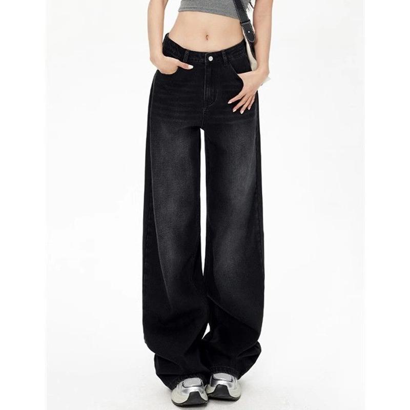 Lady Retro Black Gray High Waist Jeans Pant Women Fashion Straight Leg Denim Trousers Girls Loose Fit Thin Casual Pants