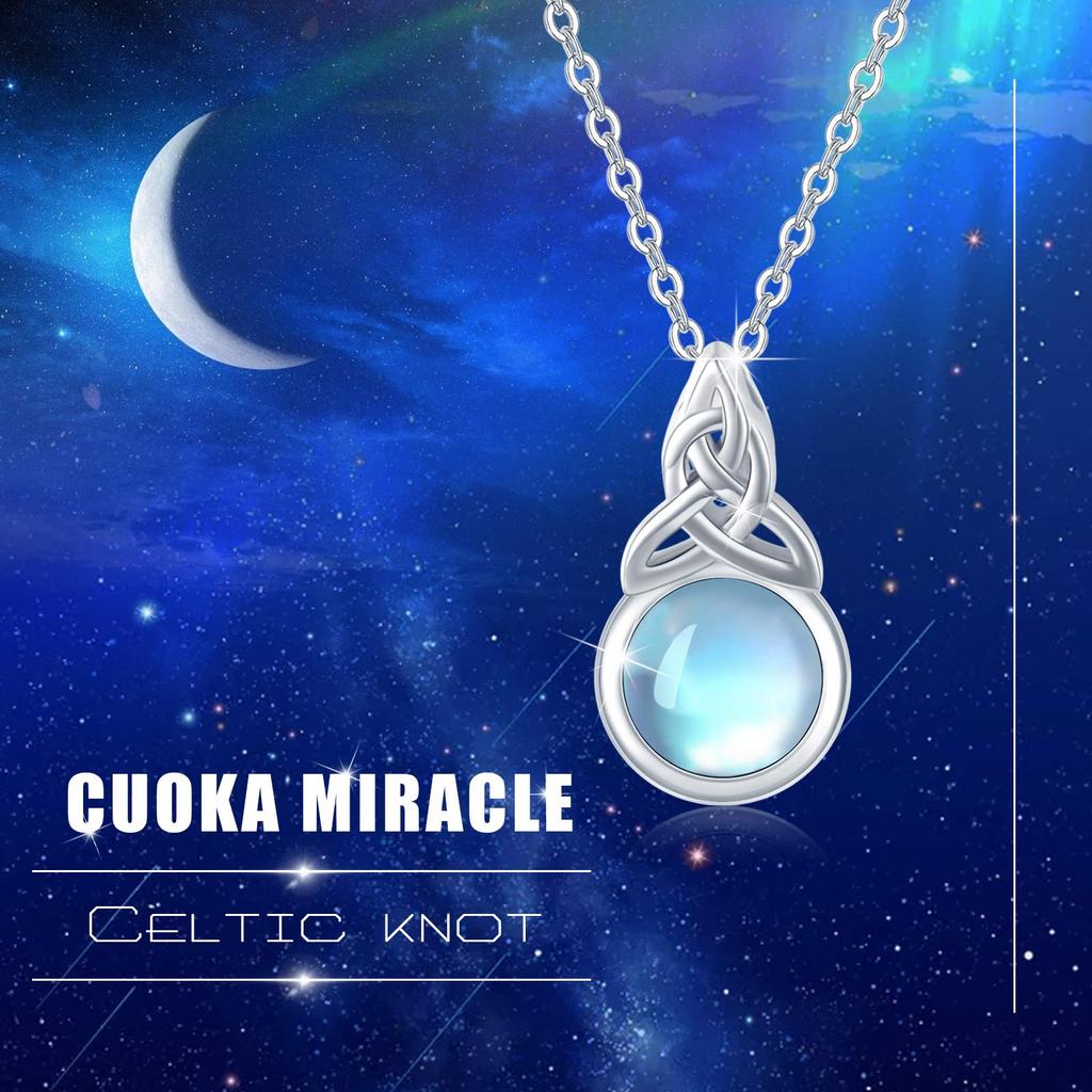 CUOKA MIRACLE Celtic Knot Moonstone Necklace for Women, 925 Sterling Silver, Rainbow Synthetic Moonstone, Jewelry Chain 16-18 inches, Perfect Gift