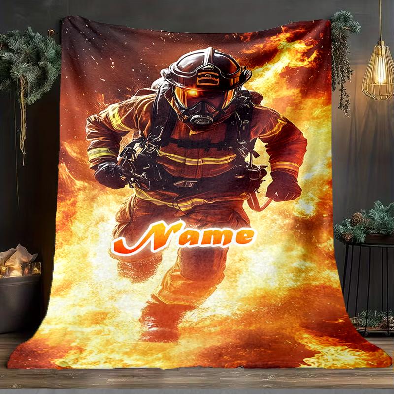 1PC Custom Name Firefighter Bravery Flames Outdooor Flannel Blankets Throw Blanket All-Season Throw Gift Bedspread for Couch, Bed, Camping Holiday Bir