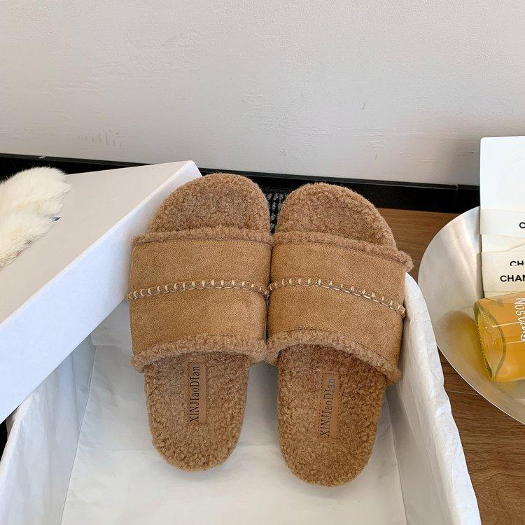 

Бокены на толстой подошве, пушистые тапочки для женской верхней одежды, тапки на одно слово с флисом для сохранения тепла, новые осенне-зимние ретро хлопковые тапочки 2025 40