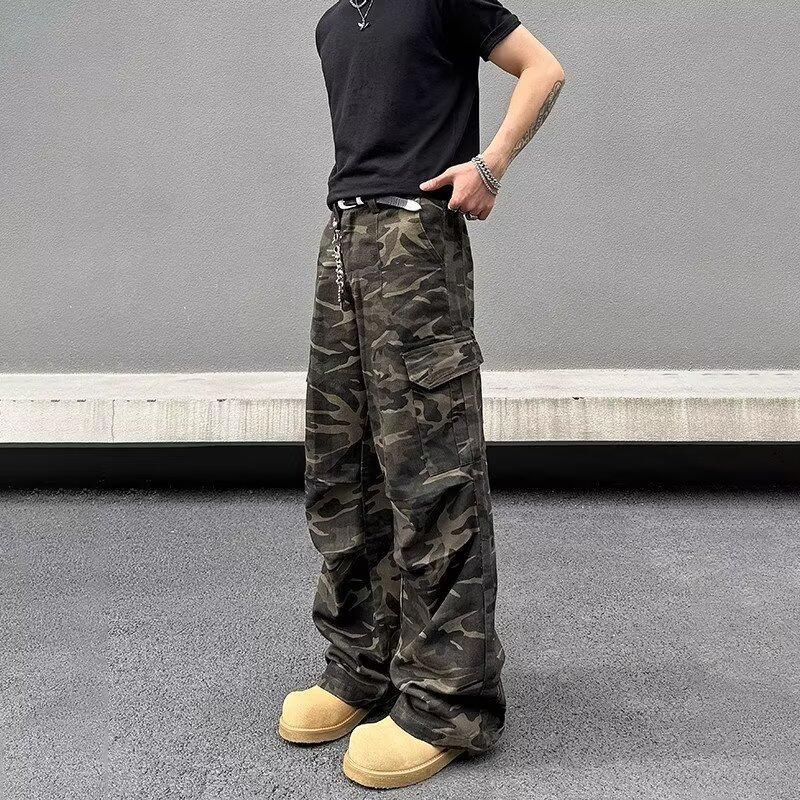 American Street Multi-pocket Camouflage Overalls Men and Women Teenagers Design Feeling Pleated and Thin Straight Casual Pants
