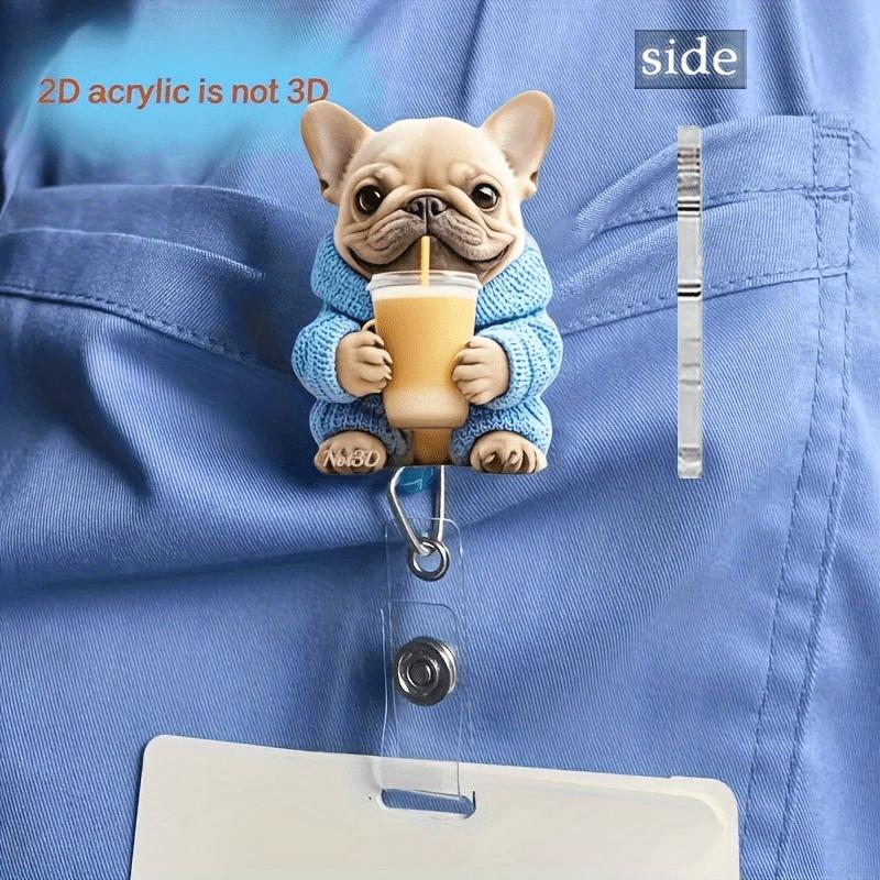 

French Bulldog Boba Tea Badge. 2D acrylic dog in blue sweater, a unique gift for healthcare staff. прозрачный