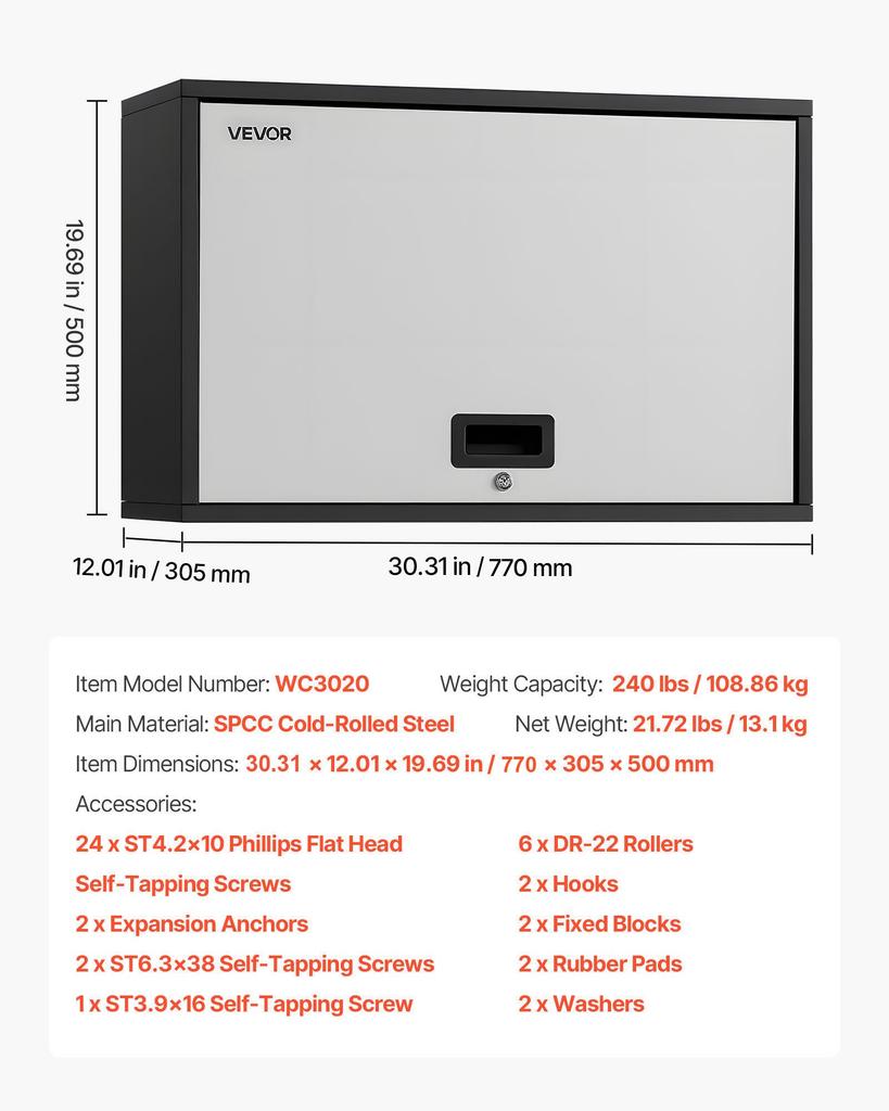 VEVOR Metal Wall Cabinet, 77W X 30.5D X 50H Cm, Floating Garage Tool Cabinet with Up-Flip Door and Shelf, 108.9 Kg Load Capacity, Fit for Garage